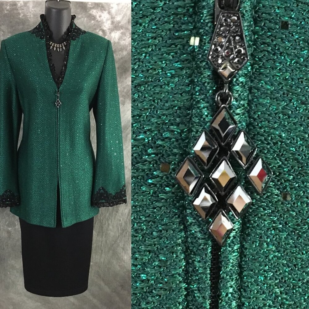 BEAUTIFUL st john evening knit green black rhinestones embellished skirt suit 6